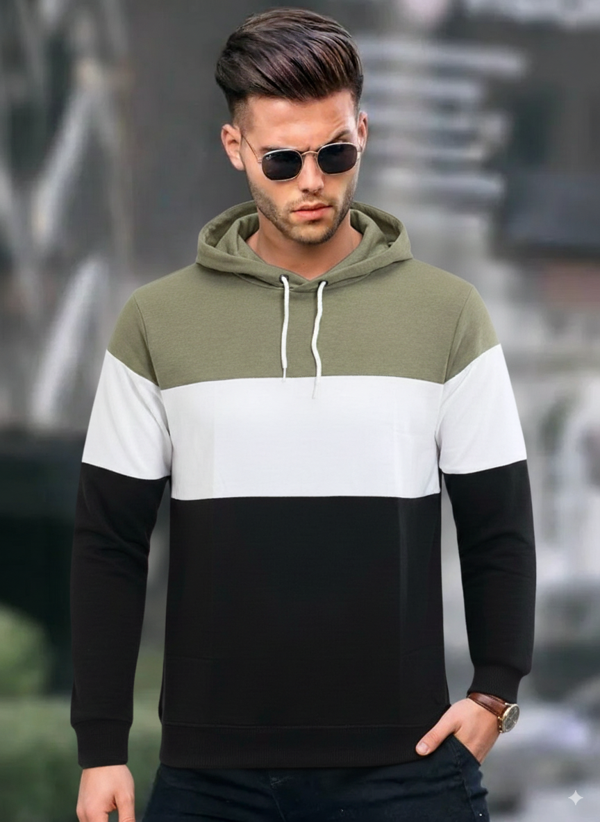 Men’s Color Block Hoodie – Olive Green, White & Black Casual Pullover Sweatshirt