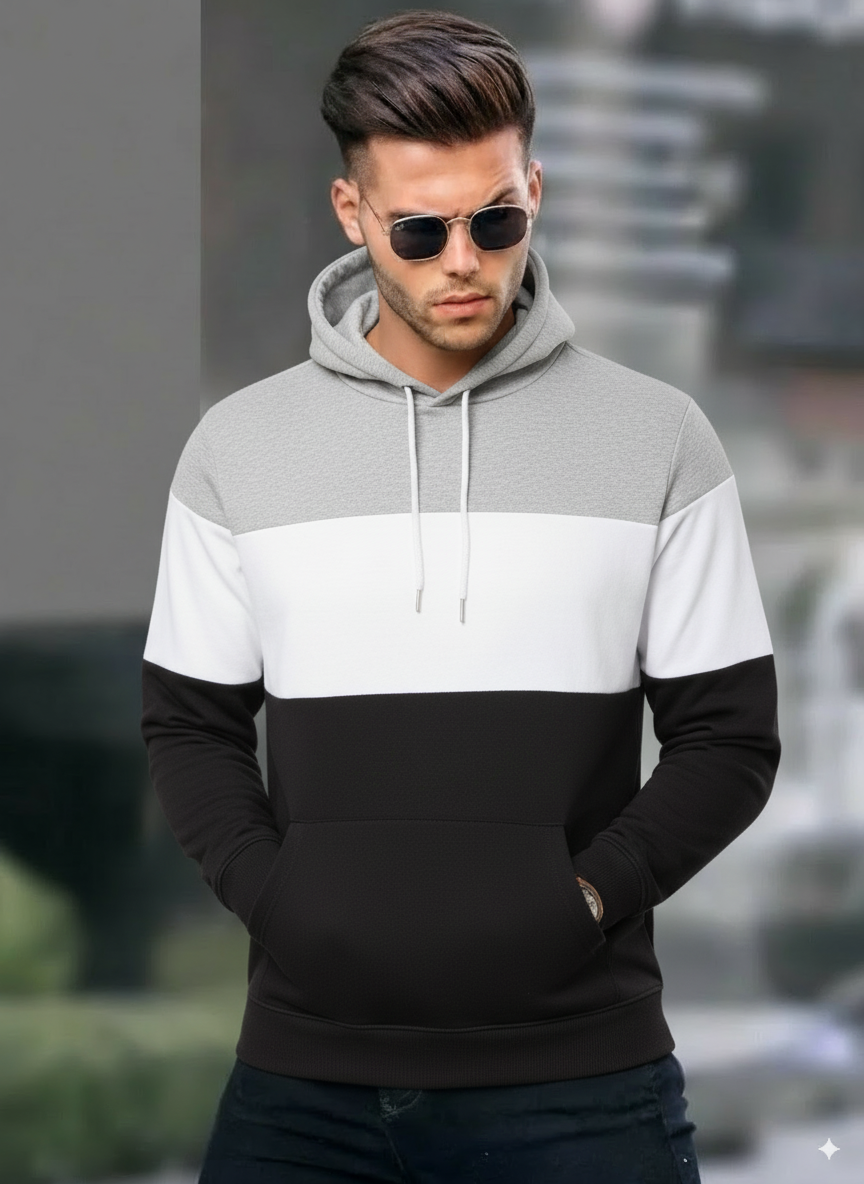 Men’s Color Block Hoodie – Grey, White & Black Casual Pullover Sweatshirt