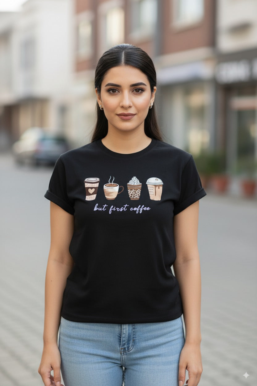 Women's T-Shirt – Short Sleeve Crew Neck Casual Tee in Black Printed Coffee Graphic T-Shirt