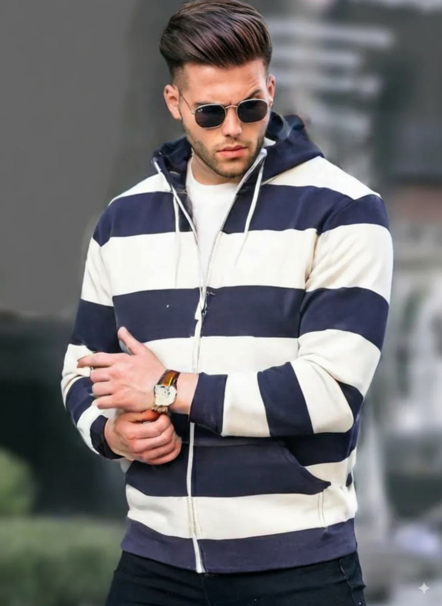 Men’s Navy Blue & White Striped Zip-Up Hoodie – Casual Full Zip Sweatshirt with Pockets