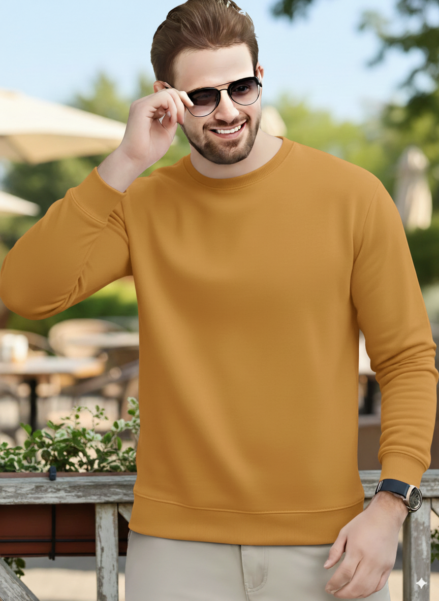Men's Essentials Camel Color Feel Cozy Fleece Long Sleeve Casual Sweatshirt