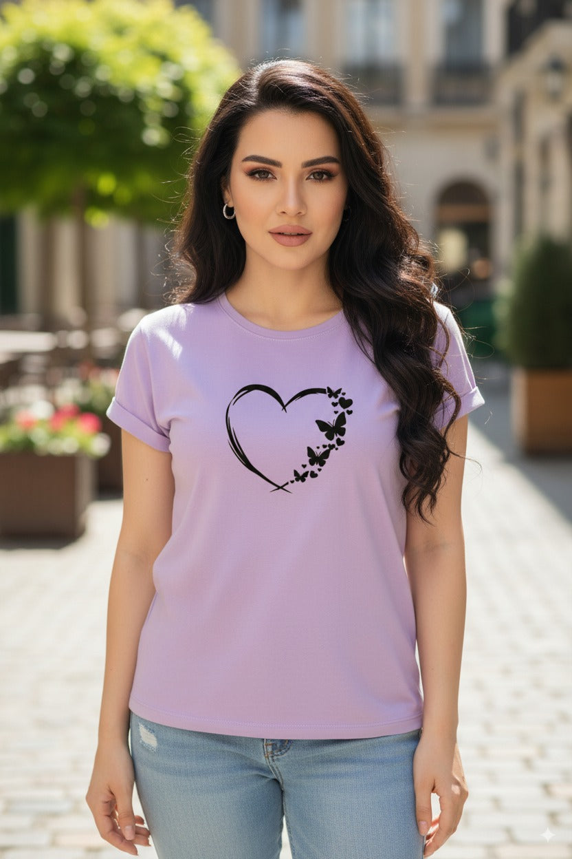 Women's T-Shirt – Short Sleeve Crew Neck Casual Tee in Purple Printed Heart Graphic T-Shirt