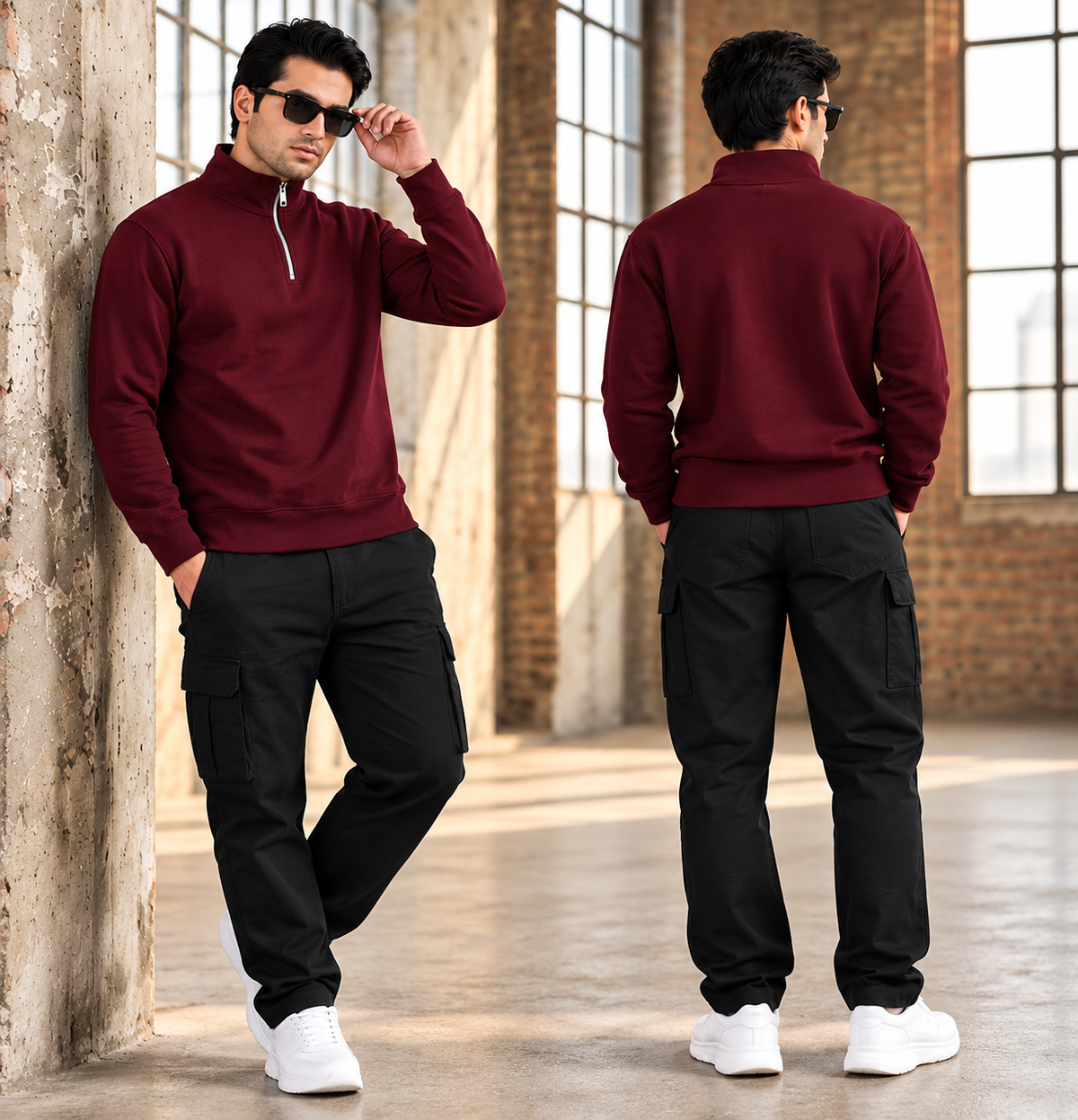 Men’s Maroon Mock Neck Sweatshirt – Long Sleeve Pullover Casual Top for Gym, Workout & Everyday Wear