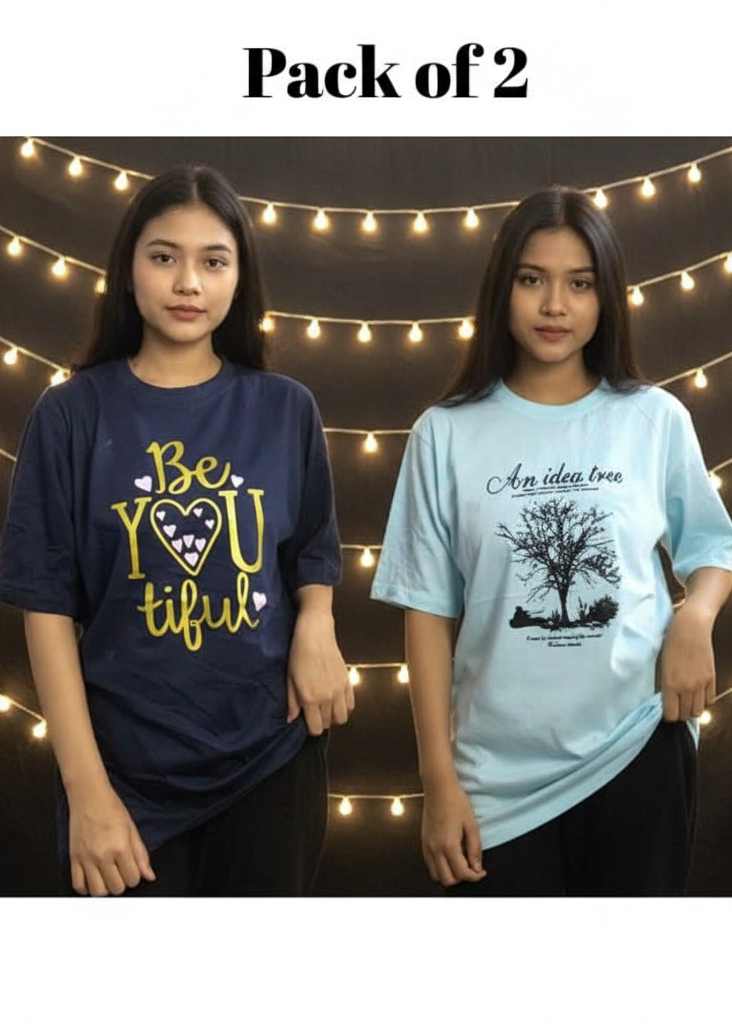 Pack of 2 Women’s Graphic T-Shirts | Casual Short Sleeve Crew Neck Tees