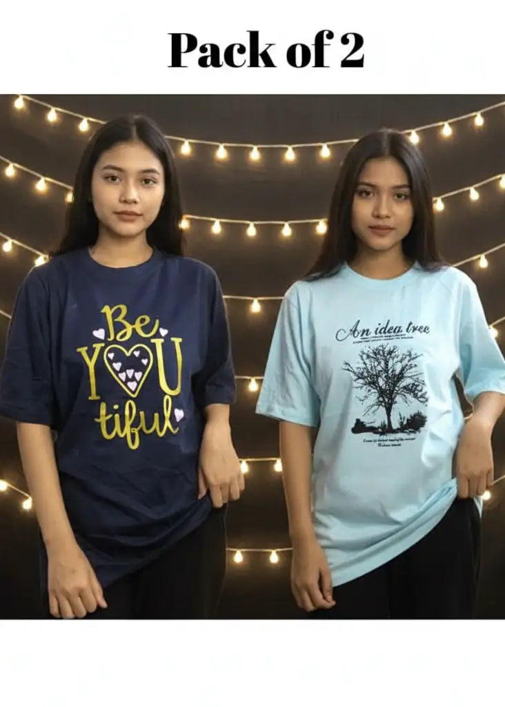 Pack of 2 Women’s Graphic T-Shirts | Casual Short Sleeve Crew Neck Tees - Mayaar Collections