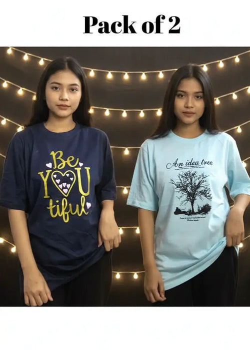 Pack of 2 Women’s Graphic T-Shirts | Casual Short Sleeve Crew Neck Tees - Mayaar Collections