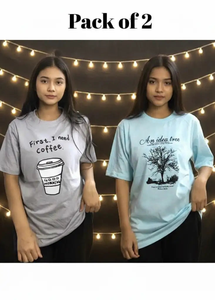 Pack of 2 Women’s Graphic T-Shirts | Casual Short Sleeve Crew Neck Tees - Mayaar Collections