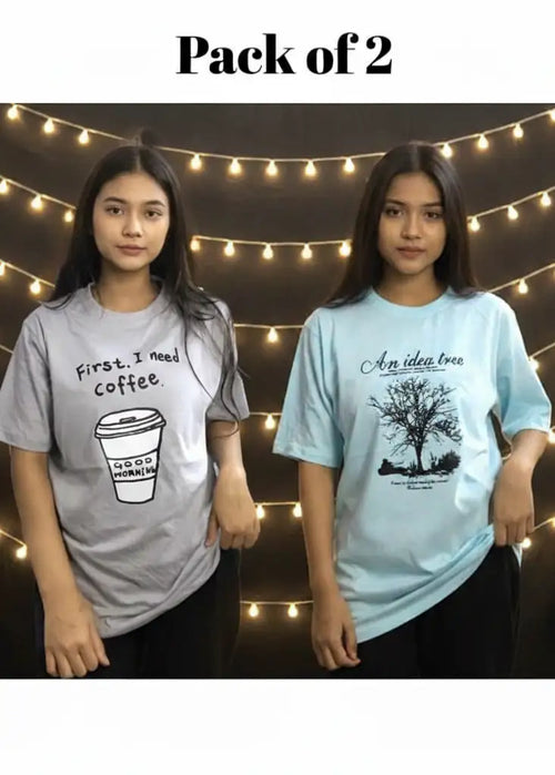 Pack of 2 Women’s Graphic T-Shirts | Casual Short Sleeve Crew Neck Tees - Mayaar Collections