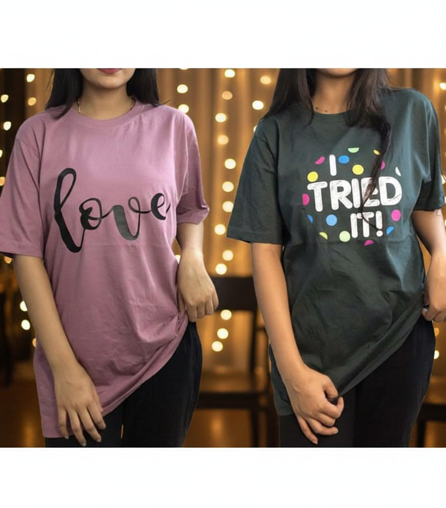 Pack of 2 Women’s Graphic T-Shirts | Casual Short Sleeve Crew Neck Tees