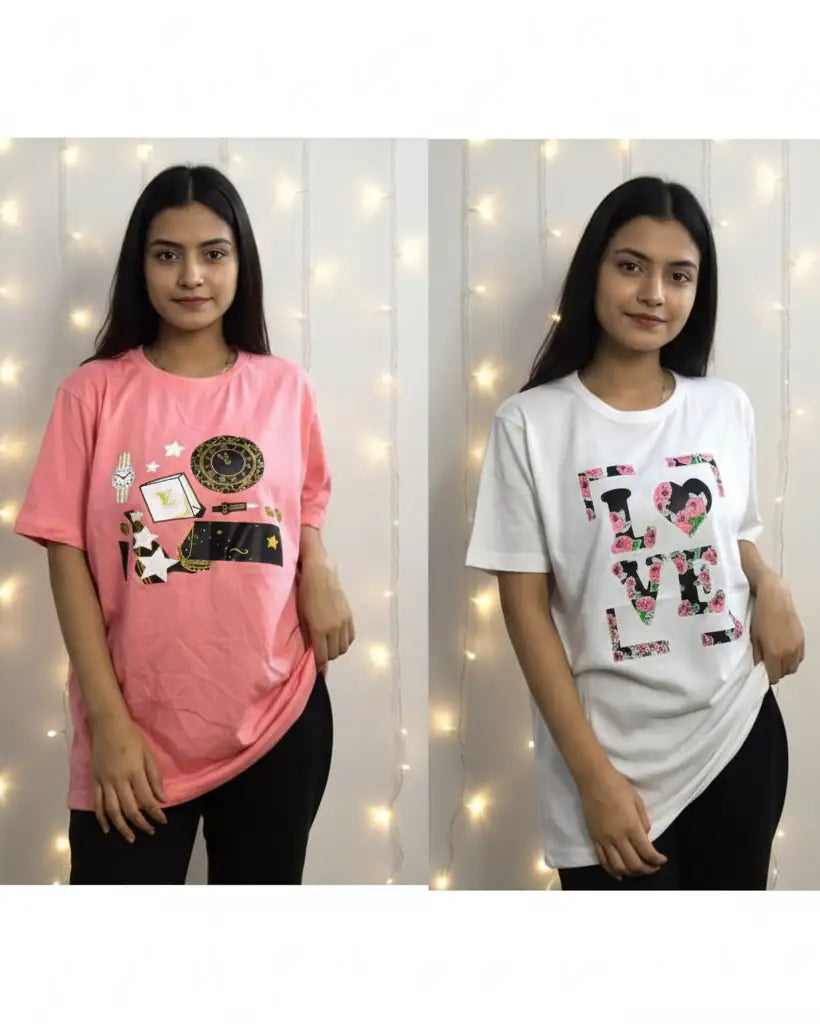 Pack of 2 Women’s Graphic T-Shirts | Casual Short Sleeve Crew Neck Tees - Mayaar Collections