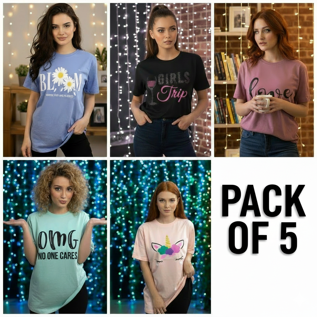 Pack of 5 Women’s Graphic T-Shirts | Casual Short Sleeve Crew Neck Tees - Mayaar Collections