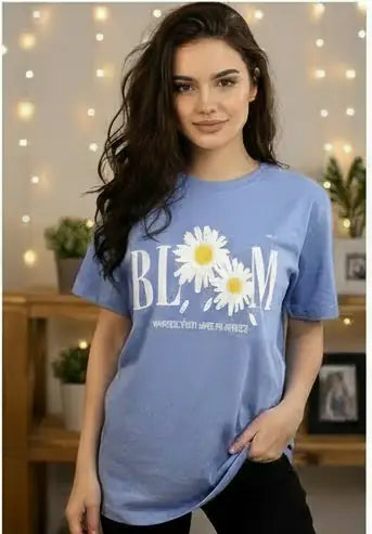 Women's Sky Blue Casual Graphic T-Shirt | Short Sleeve Crew Neck - Mayaar Collections