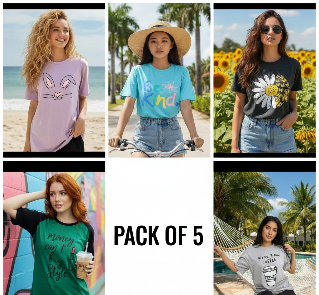 Pack of 5 Women’s Graphic T-Shirts | Casual Short Sleeve Crew Neck Tees - Mayaar Collections