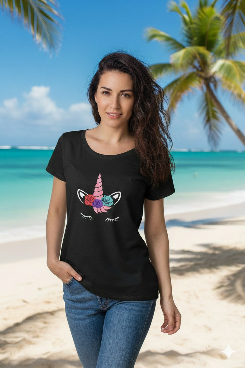 Women's Black Casual Graphic T-Shirt | Short Sleeve Crew Neck - Mayaar Collections