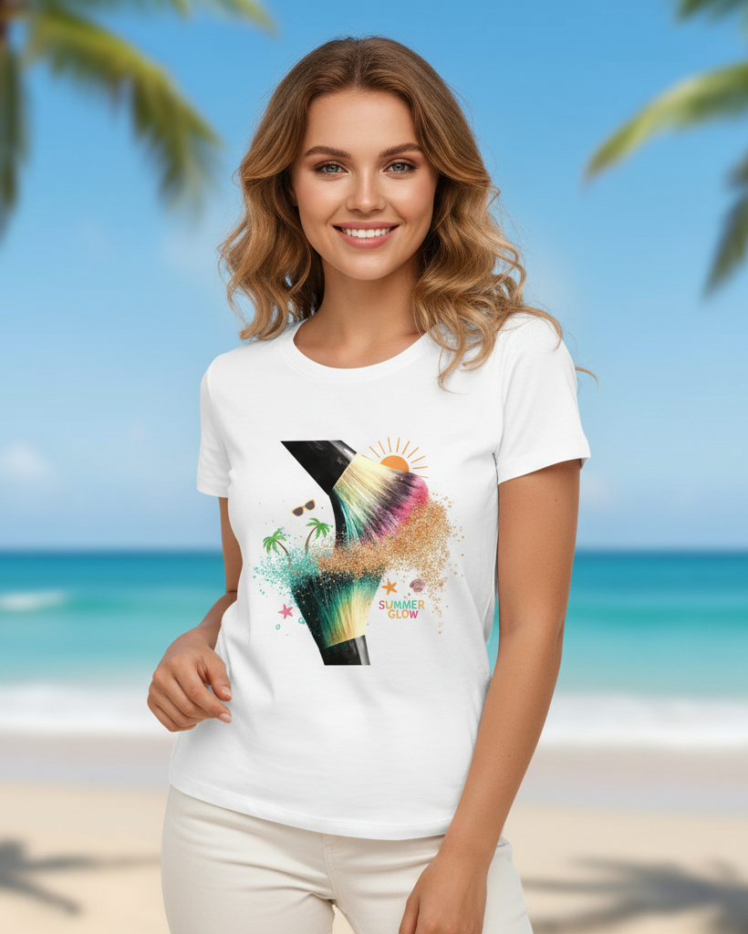 Women's Makeup White Casual Graphic T-Shirt | Short Sleeve Crew Neck