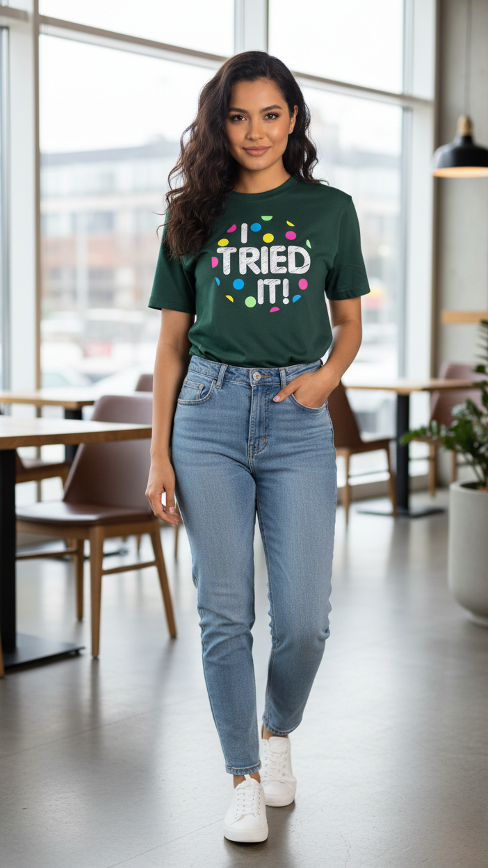 Women's Tried It Dark Green Casual Graphic T-Shirt | Short Sleeve Crew Neck