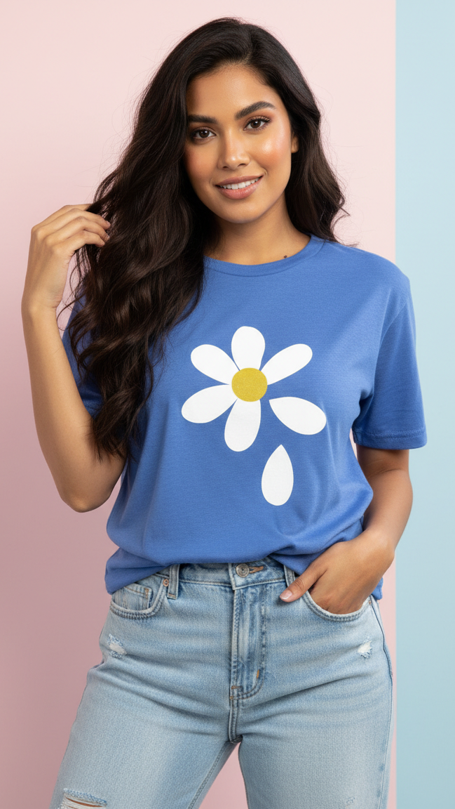 Women's Faded Blue Casual Graphic T-Shirt | Short Sleeve Crew Neck - Mayaar Collections