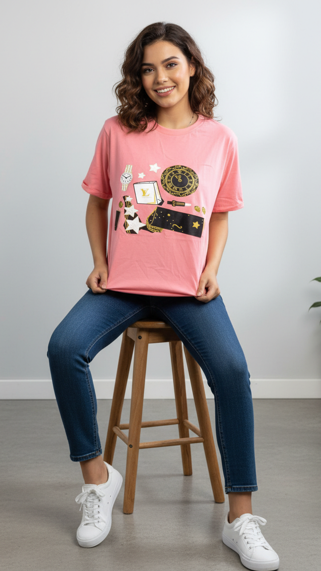Women's Soft Pink Casual Graphic T-Shirt | Short Sleeve Crew Neck - Mayaar Collections