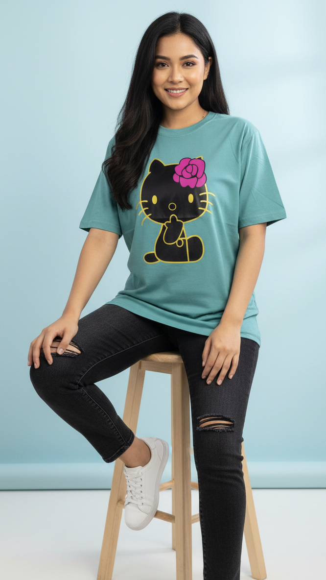 Women's Cadet Grey Casual Graphic T-Shirt | Short Sleeve Crew Neck - Mayaar Collections