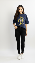 Women's Dark Blue Casual Graphic T-Shirt | Short Sleeve Crew Neck - Mayaar Collections