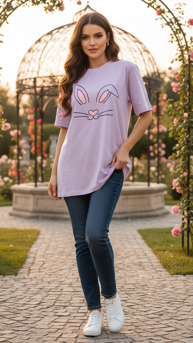 Women's Light Purple Casual Graphic T-Shirt | Short Sleeve Crew Neck - Mayaar Collections