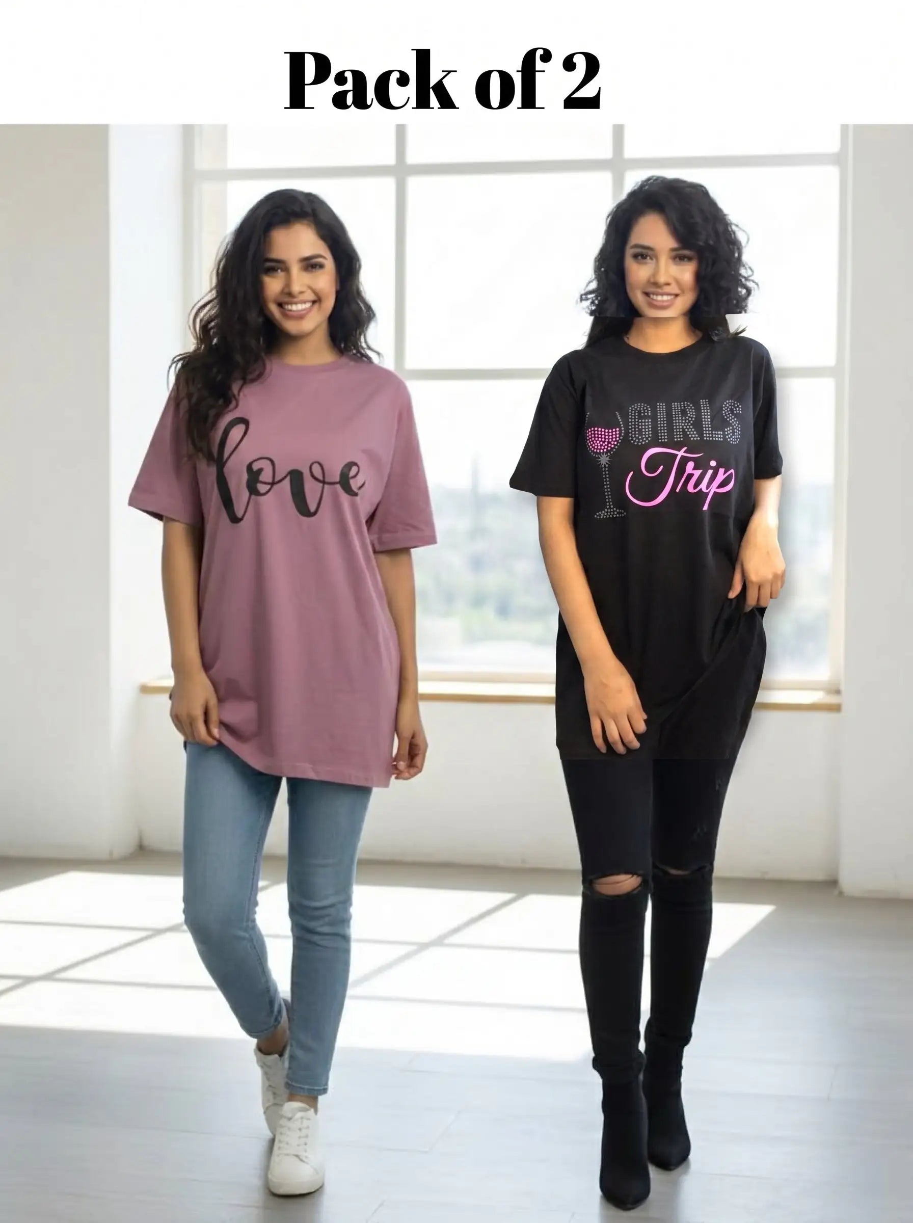 Pack of 2 Women’s Graphic T-Shirts | Casual Short Sleeve Crew Neck Tees - Mayaar Collections