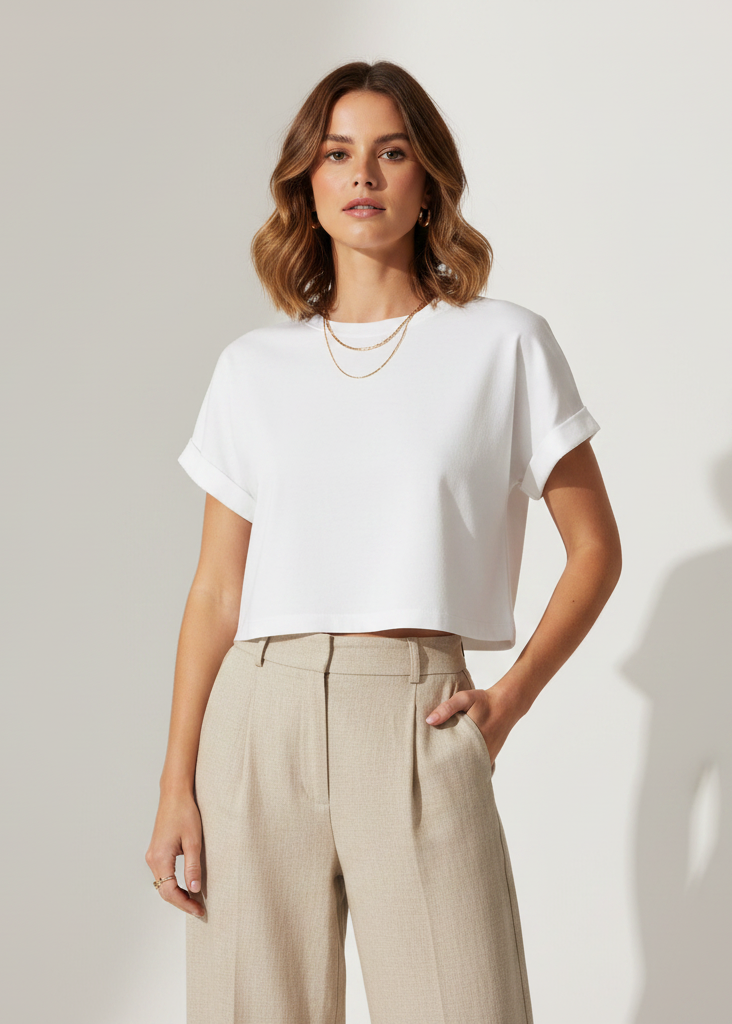 Women’s White Half Sleeve Cropped T-Shirt Casual Round Neck Summer Basic Crop Top (Copy)