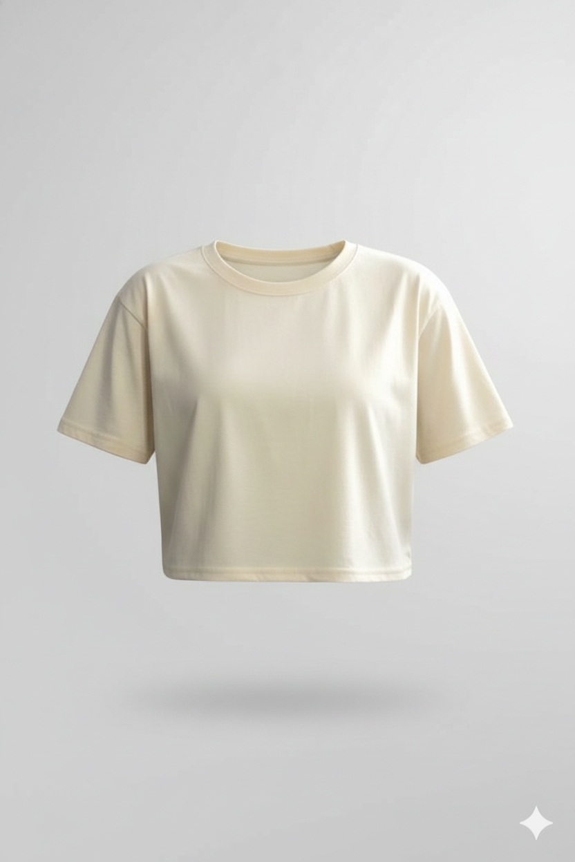Women’s Off-White Half Sleeve Cropped T-Shirt Casual Round Neck Summer Basic Crop Top