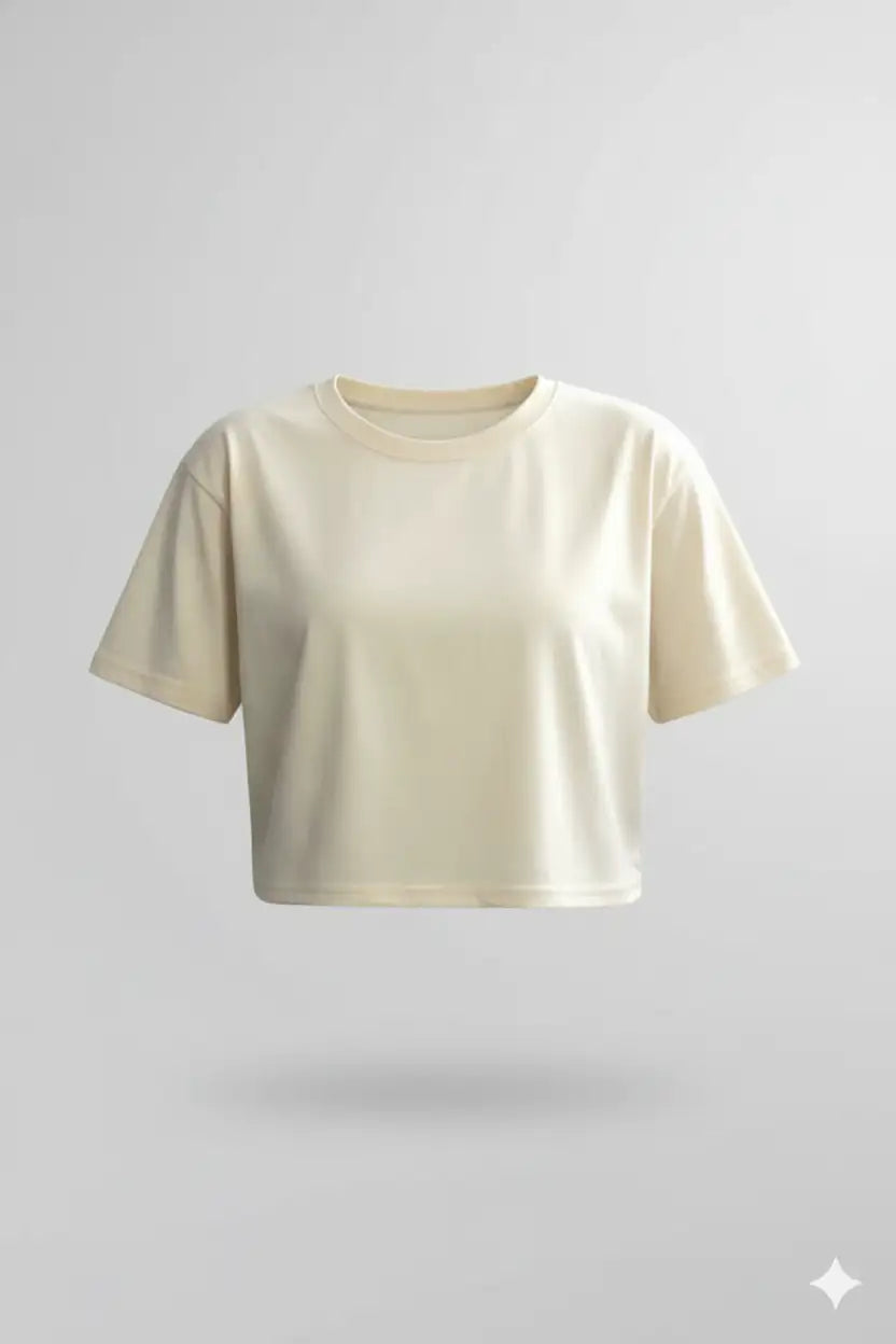 Women’s Beige Half Sleeve Cropped T-Shirt Casual Round Neck Summer Basic Crop Top - Mayaar Collections
