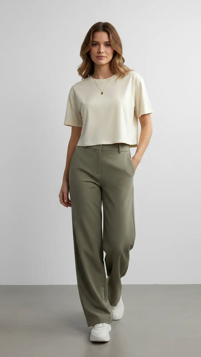 Women’s Beige Half Sleeve Cropped T-Shirt Casual Round Neck Summer Basic Crop Top - Mayaar Collections
