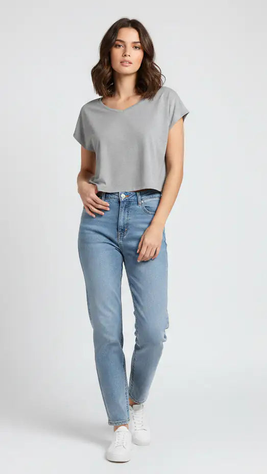 Women’s Gray Half Sleeve Cropped T-Shirt Casual Round Neck Summer Basic Crop Top - Mayaar Collections