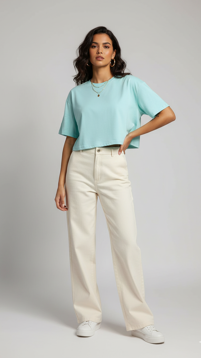 Women’s Blue Shimmer Half Sleeve Cropped T-Shirt Casual Round Neck Summer Basic Crop Top