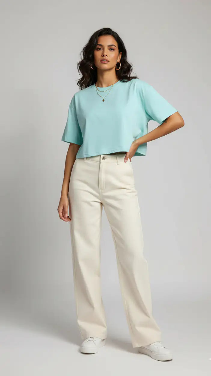 Women’s Light Blue Half Sleeve Cropped T-Shirt Casual Round Neck Summer Basic Crop Top - Mayaar Collections