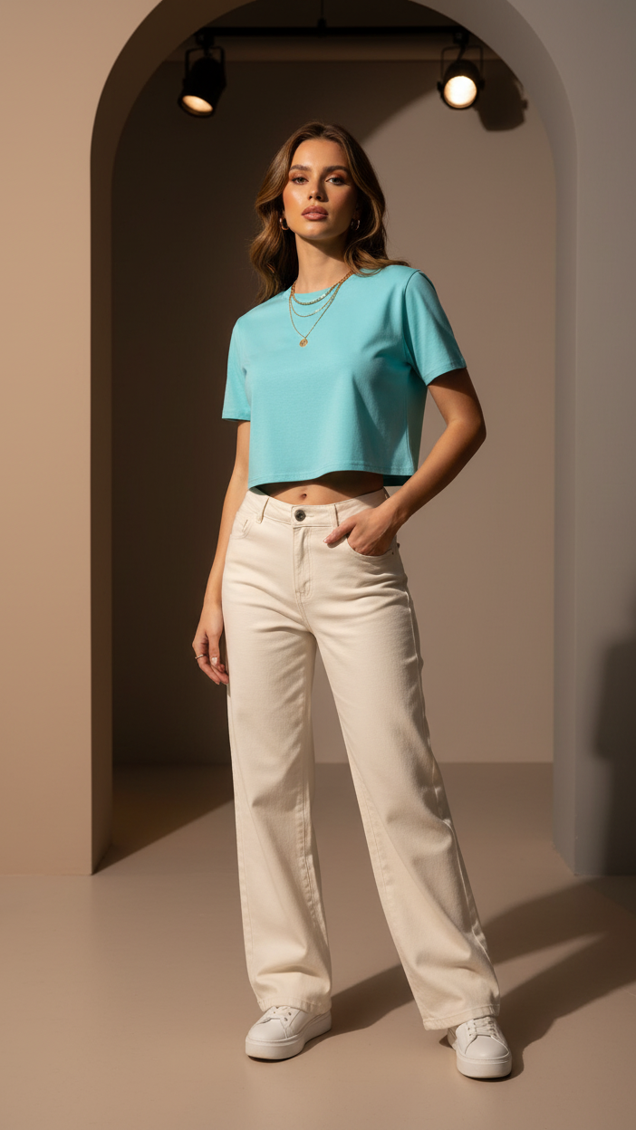 Women’s Sky Blue Half Sleeve Cropped T-Shirt Casual Round Neck Summer Basic Crop Top