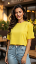 Women’s Yellow Half Sleeve Cropped T-Shirt Casual Round Neck Summer Basic Crop Top