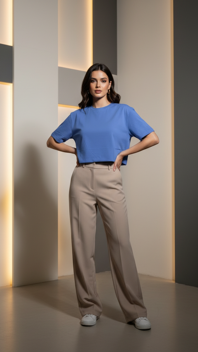 Women’s Blue Android Base Half Sleeve Cropped T-Shirt Casual Round Neck Summer Basic Crop Top