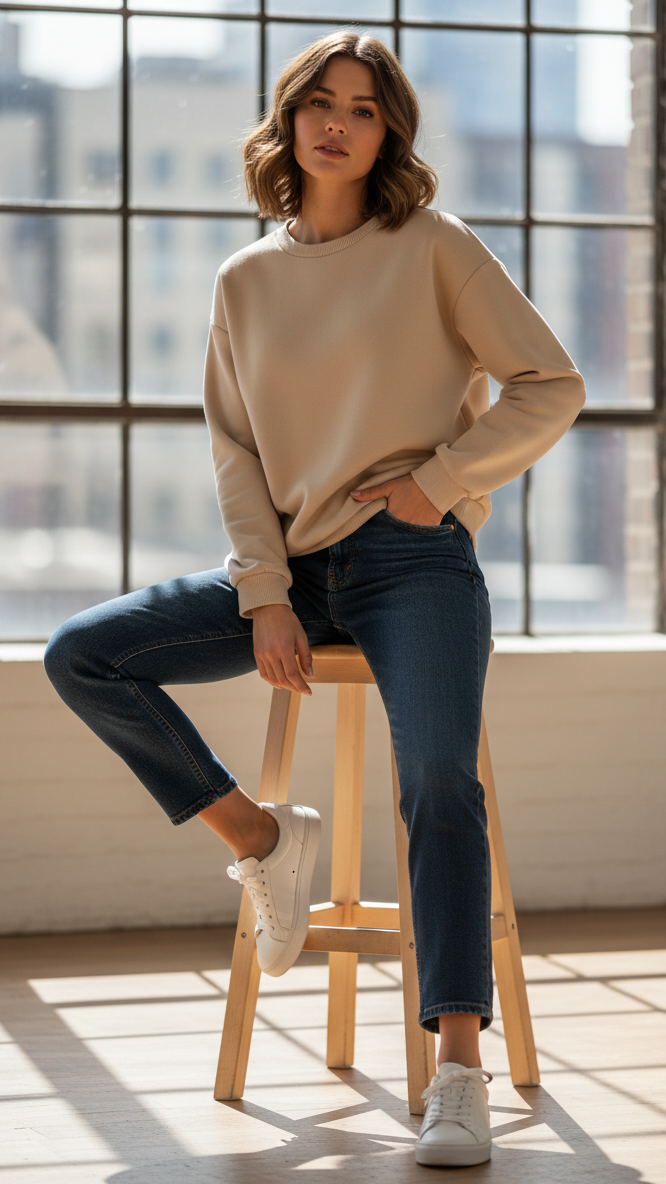 Women's Casual Crew Neck Sweatshirt Soft & Loose Fit Pullover In Beige Color