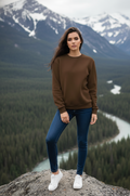 Women's Casual Crew Neck Sweatshirt Soft & Loose Fit Pullover In Brown Color
