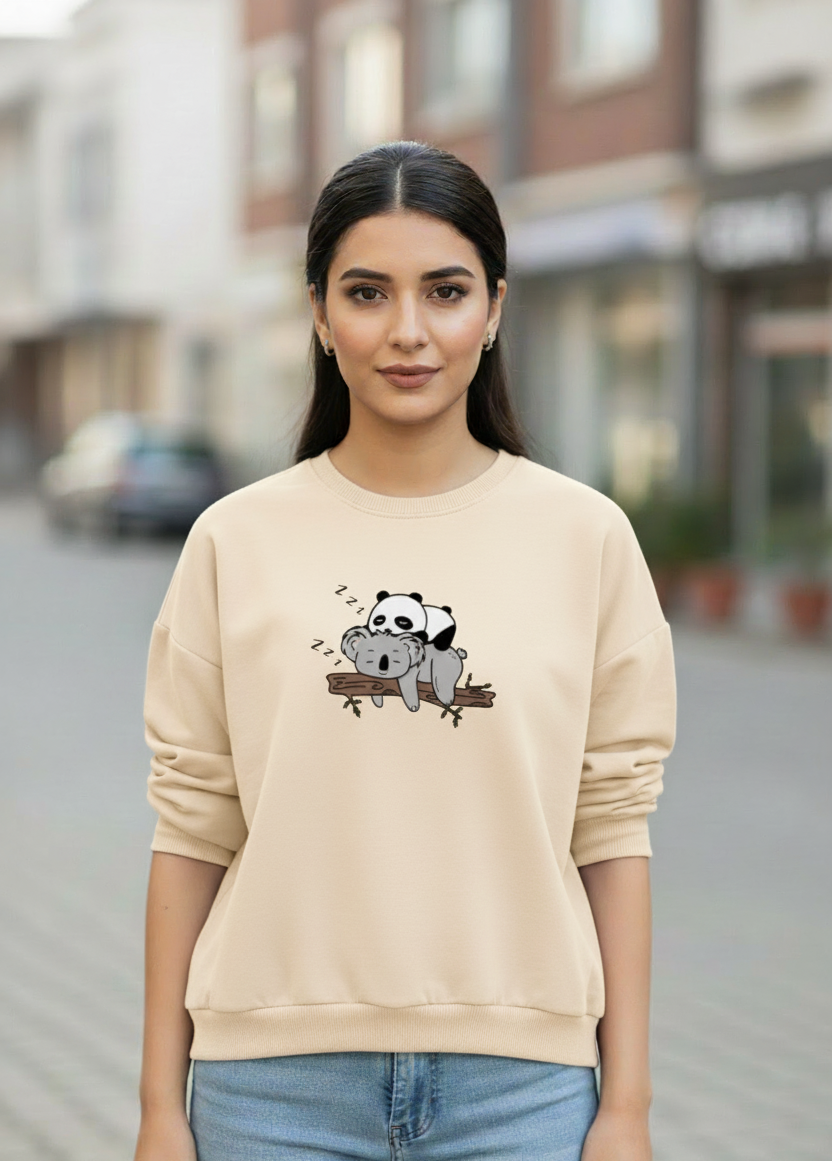 Women's Casual Crew Neck Sweatshirt Soft & Loose Fit Pullover In Beige Color Graphic Printed Panda Holding Branch - Mayaar Collections