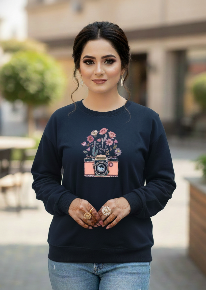 Women's Casual Crew Neck Sweatshirt Soft & Loose Fit Pullover In Navy Blue Color Camera Printed - Mayaar Collections