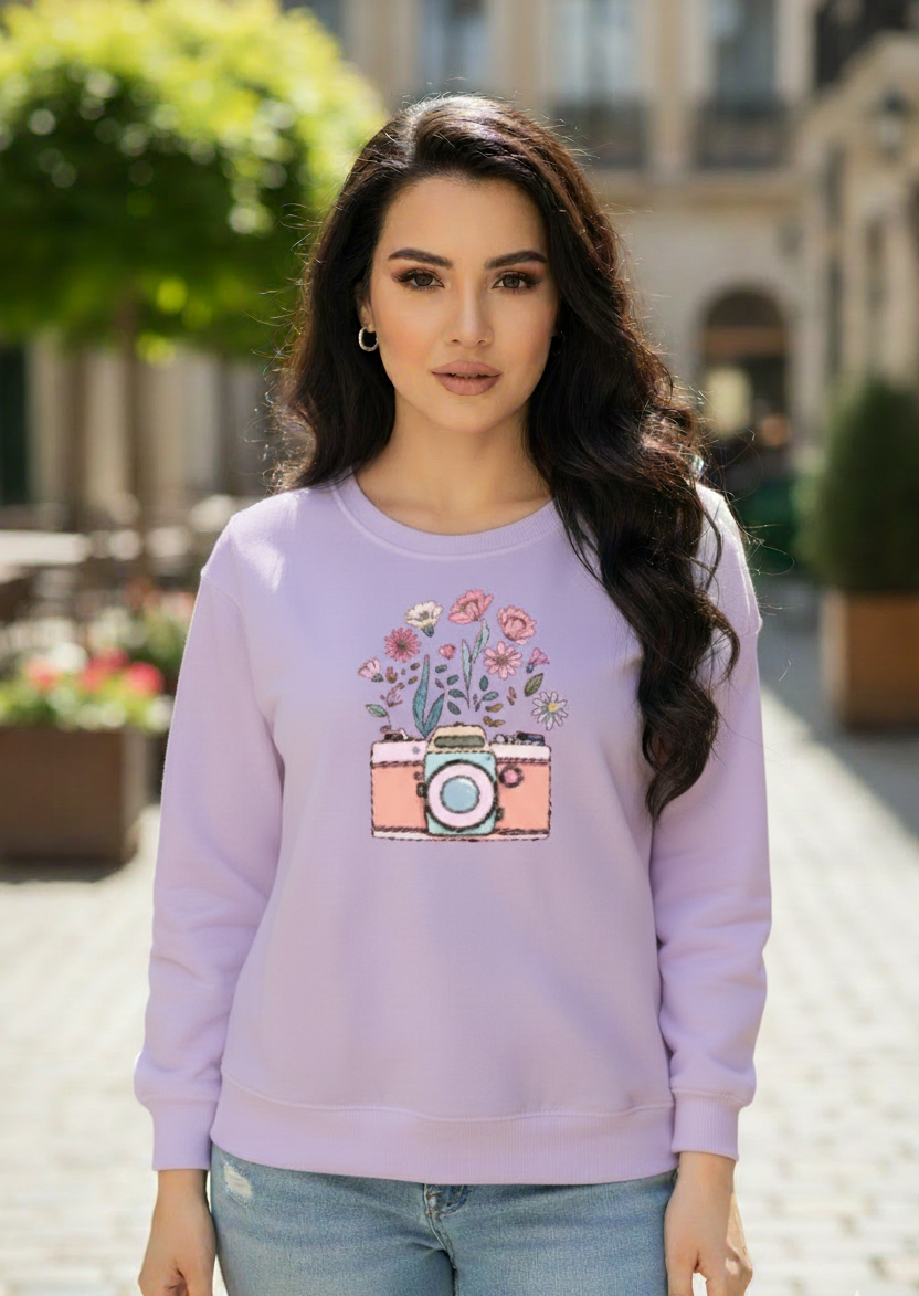 Women's Casual Crew Neck Sweatshirt Soft & Loose Fit Pullover In Purple Color Camera Printed - Mayaar Collections