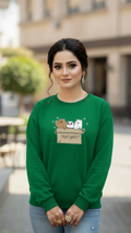 Women's Casual Crew Neck Sweatshirt Soft & Loose Fit Pullover In Green Color Graphic Printed Free Bears - Mayaar Collections