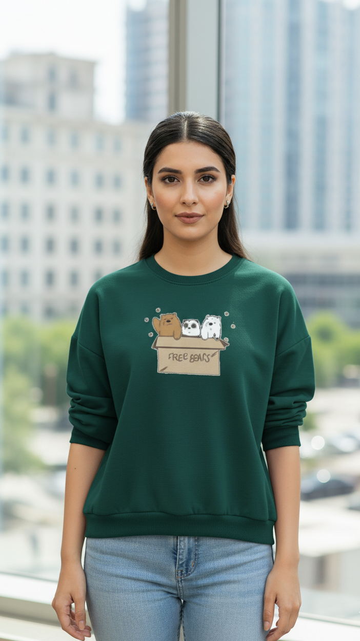 Women's Casual Crew Neck Sweatshirt Soft & Loose Fit Pullover In Dark Green Color Graphic Printed Free Bears - Mayaar Collections