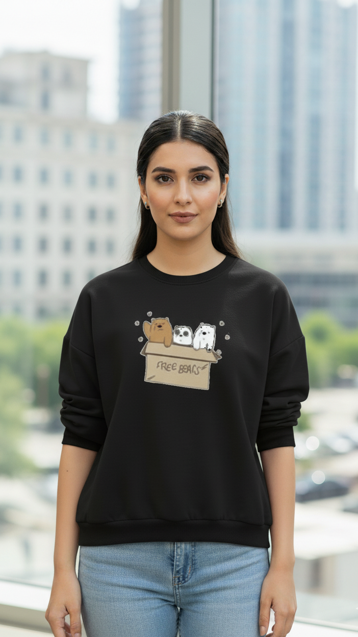 Women's Casual Crew Neck Sweatshirt Soft & Loose Fit Pullover In Black Color Graphic Printed Free Bears - Mayaar Collections
