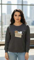 Women's Casual Crew Neck Sweatshirt Soft & Loose Fit Pullover In Dark Gray Color Graphic Printed Free Bears - Mayaar Collections