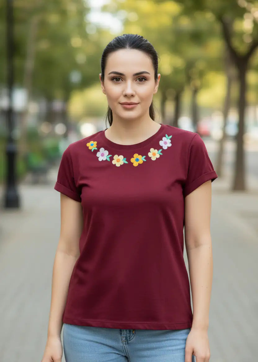Women's T-Shirt – Short Sleeve Crew Neck Casual Tee in Maroon Printed Graphic T-Shirt - Mayaar Collections
