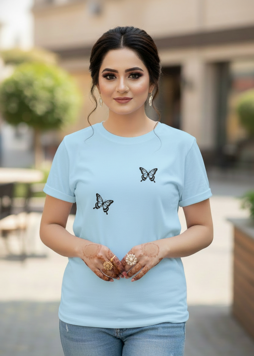 Women's T-Shirt – Short Sleeve Crew Neck Casual Tee in Sky Printed Graphic T-Shirt - Mayaar Collections