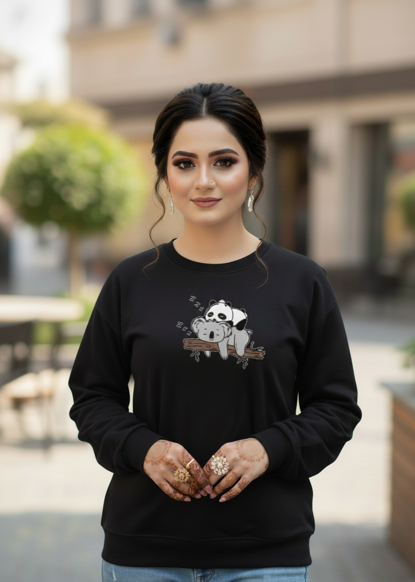 Women's Casual Crew Neck Sweatshirt Soft & Loose Fit Pullover In Black Color Graphic Printed Panda Holding Branch - Mayaar Collections