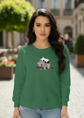 Women's Casual Crew Neck Sweatshirt Soft & Loose Fit Pullover In Green Color Graphic Printed Panda Holding Branch - Mayaar Collections