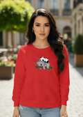 Women's Casual Crew Neck Sweatshirt Soft & Loose Fit Pullover In Red Color Graphic Printed Panda Holding Branch - Mayaar Collections